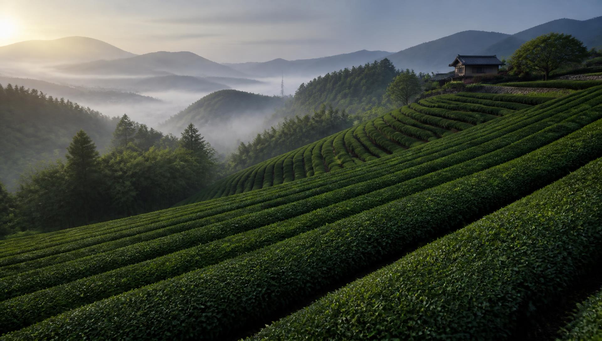 京都・宇治の丘に広がる茶畑の朝