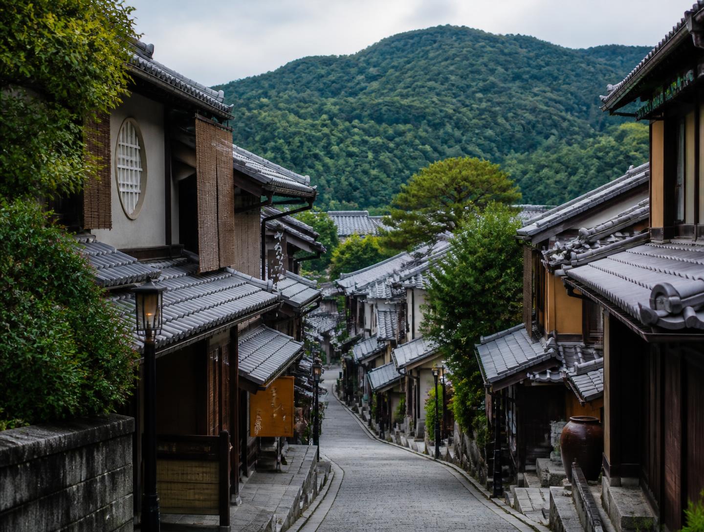 京都の町並みと背後に広がる山々